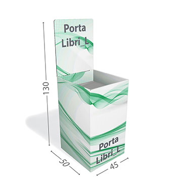 Espositore per libri con vasca risvoltata ideale per esposizione di due libri in vericale affiancati.  ;Disponibile stampato o in tinte standard con crowner pubblicitario personalizzato.