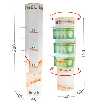  Espositore Girevole  a 6 facciate.  Può essere configurato con portablister, tasche porta depliant, supporti porta occhiali.  Stampato, colorato in tinta piatta o in cartone bianco.