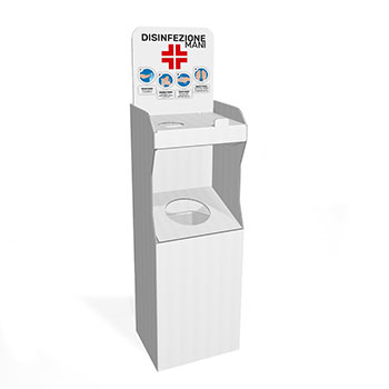 Colonna da terra per Gel disinfettante, guanti e cestino
Realizzata in PP Polionda sanificabile, è indicata da posizionare in centri commerciali, negozi e reception di uffici per consentire la disinfezione delle mani.
Il crowner verticale puo essere con immagine standard o personalizzata (Tuo) con il vostro file di stampa
Foro per posizionare il flacone ø 8 cm 
