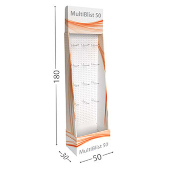 Espositore porta blister con fori a griglia con passo di 25 mm.
Realizzato in cartone con schienale in fesite .