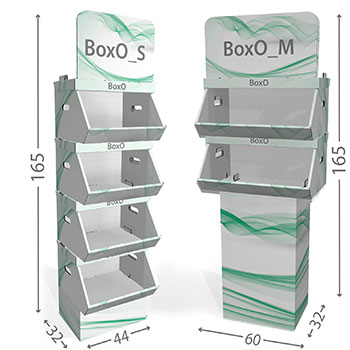 Espositore modulare in cartone microtriplo rivestito, si adatta particolarmente a prodotti sfusi o in sacchetti. Disponibile  in due dimensioni e configurabile a piacere da 2 a 4 cassetti, può essere stampato interamente o solo nella parte superiore.