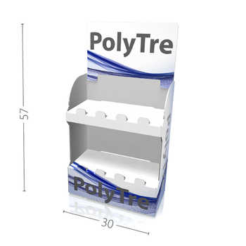 Espositore da banco a scaffali Espositore da banco in Polipropilene di semplicissimo assemblaggio, economico e resistente. Adatto anche per uso all'esternoDisponibile anche con sponda dentellata di contenimento dei prodotti esposti. Personalizzabile con stampa a colori.